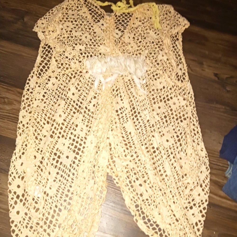 PRETTY ANGEL WOMENS LADIES LARGE L CROCHET SWIM COVER UP SWIMWEAR W FLOWERS